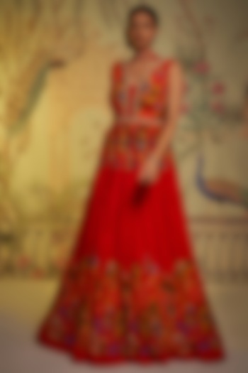 Red Crepe Silk Embroidered Anarkali Set by Aayushi Maniar