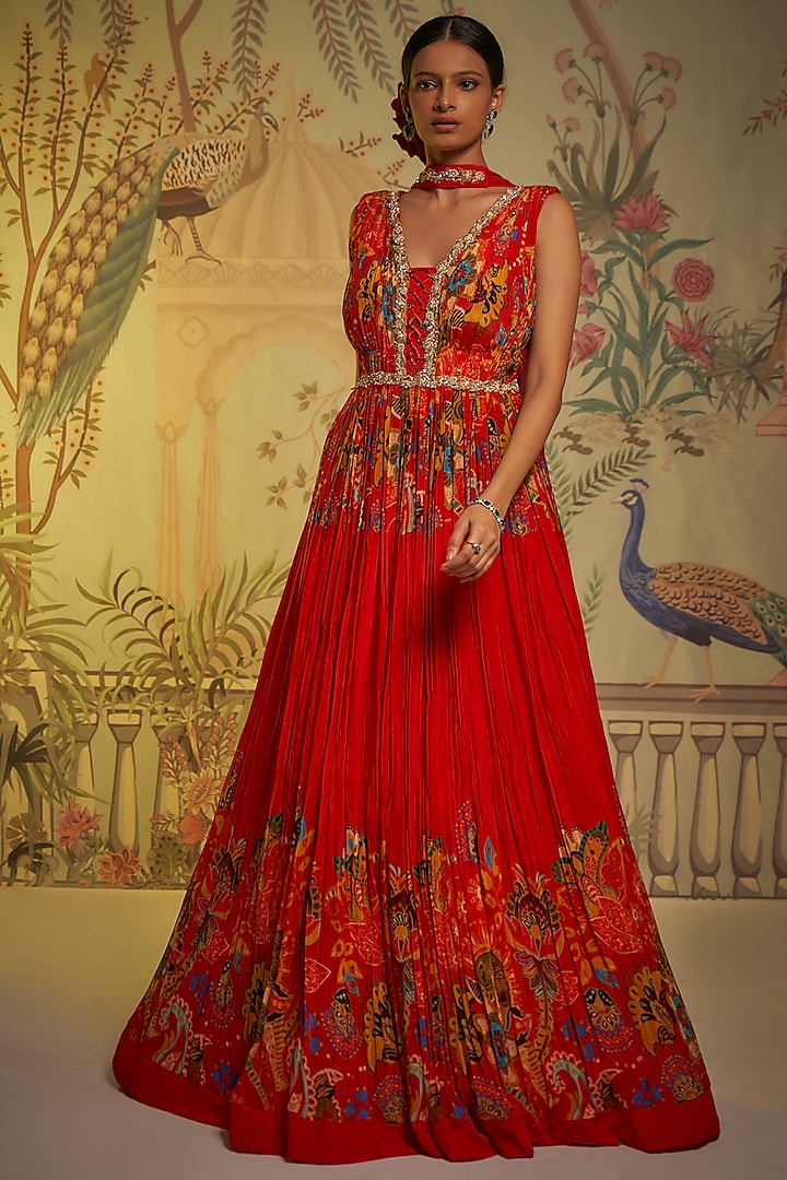 Red Crepe Silk Embroidered Anarkali Set by Aayushi Maniar