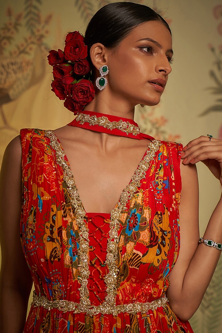 Red Crepe Silk Embroidered Wedding Anarkali Set by Aayushi Maniar at Pernia's Pop Up Shop