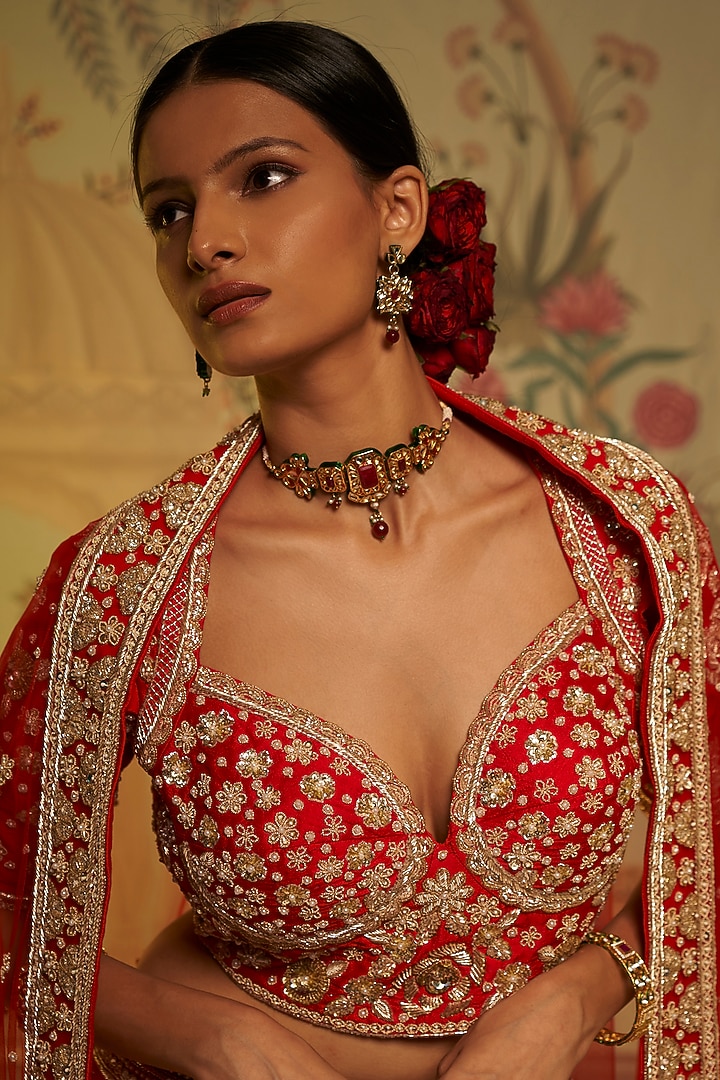 Red Raw Silk Embroidered Bridal Lehenga Set by Aayushi Maniar at Pernia's Pop Up Shop