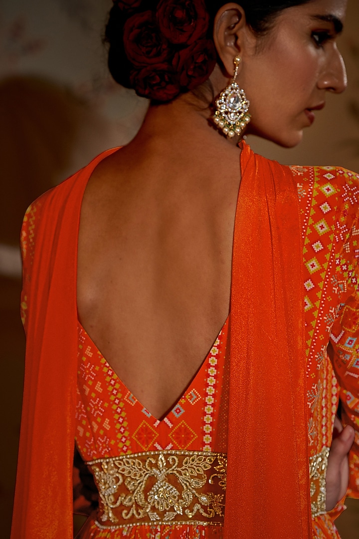 Tangerine Crepe Silk Embroidered Patola Wedding Anarkali Set by Aayushi Maniar at Pernia's Pop Up Shop