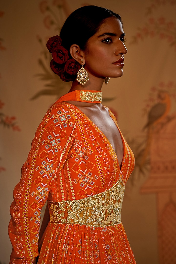 Tangerine Crepe Silk Embroidered Patola Wedding Anarkali Set by Aayushi Maniar at Pernia's Pop Up Shop
