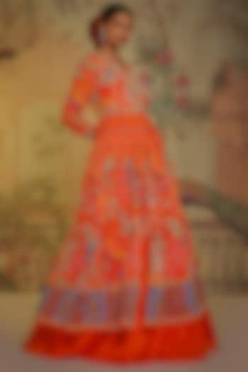 Tangerine Georgette Crepe Embroidered Lehenga Set by Aayushi Maniar