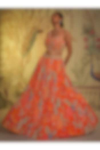 Tangerine Crepe Silk Embroidered Lehenga Set by Aayushi Maniar