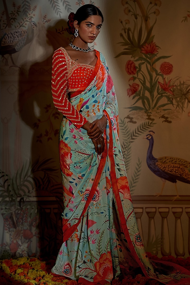 Aqua Crepe Silk Saree Set by Aayushi Maniar