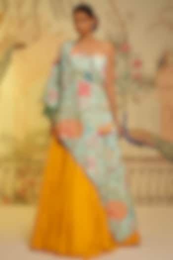 Aqua Crepe Silk Embroidered Cape Set by Aayushi Maniar