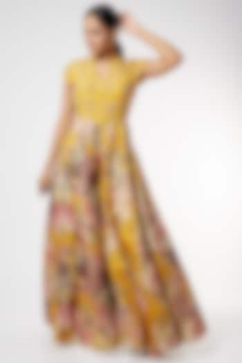Mustard Printed & Embroidered Jumpsuit by Aayushi Maniar