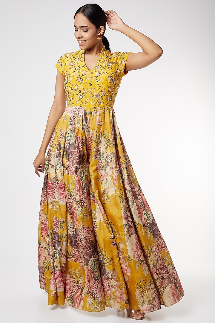 Mustard Printed & Embroidered Jumpsuit by Aayushi Maniar