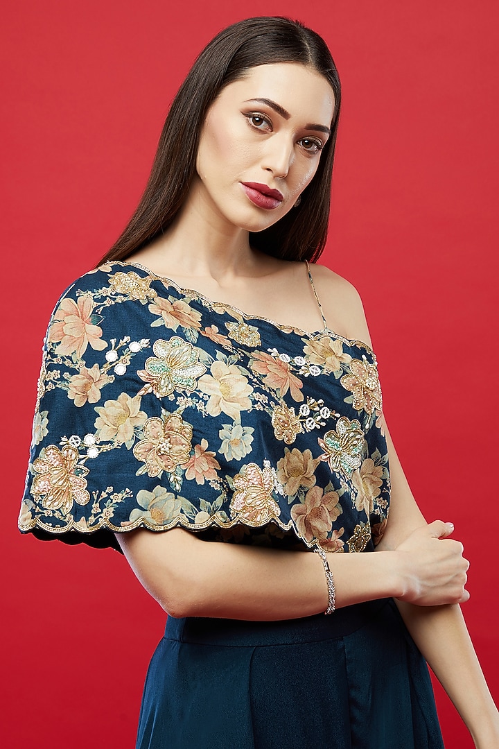 Navy Blue Embroidered & Printed Cape Set by Aayushi Maniar at Pernia's Pop Up Shop