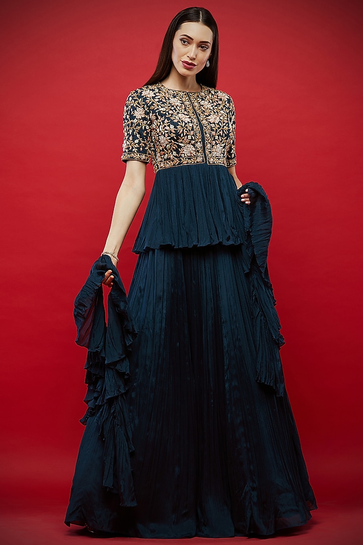 Navy Blue Embroidered Tunic & Wedding Lehenga Set by Aayushi Maniar at Pernia's Pop Up Shop