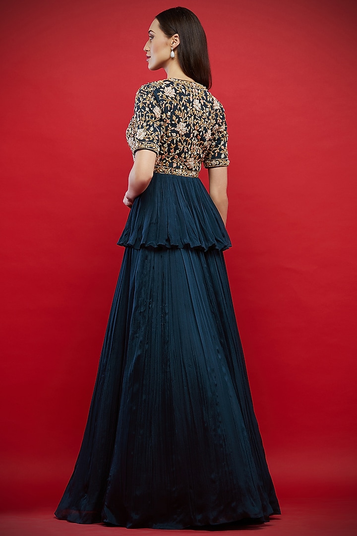 Navy Blue Embroidered Tunic & Wedding Lehenga Set by Aayushi Maniar at Pernia's Pop Up Shop