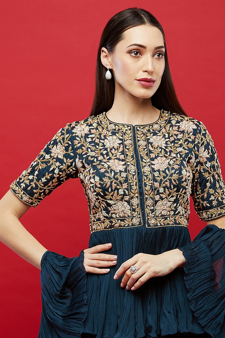 Navy Blue Embroidered Tunic & Wedding Lehenga Set by Aayushi Maniar at Pernia's Pop Up Shop