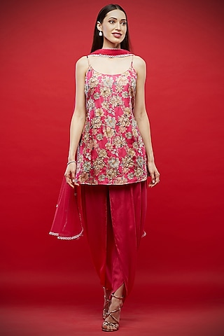 Fuchsia Embroidered & Printed Tunic Set by Aayushi Maniar