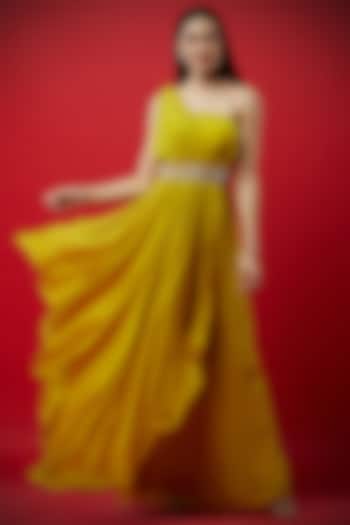 Lemon Yellow Gown With Embroidered Belt by Aayushi Maniar