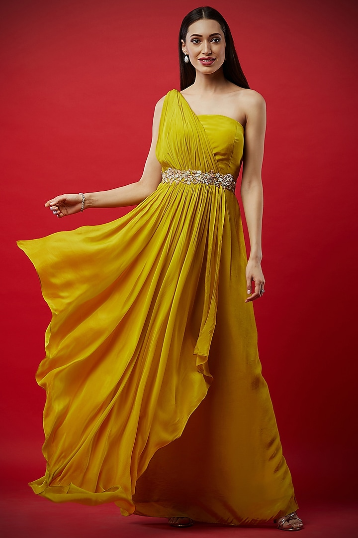 Lemon Yellow Gown With Embroidered Belt by Aayushi Maniar