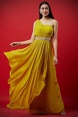 Lemon Yellow Gown With Embroidered Belt by Aayushi Maniar