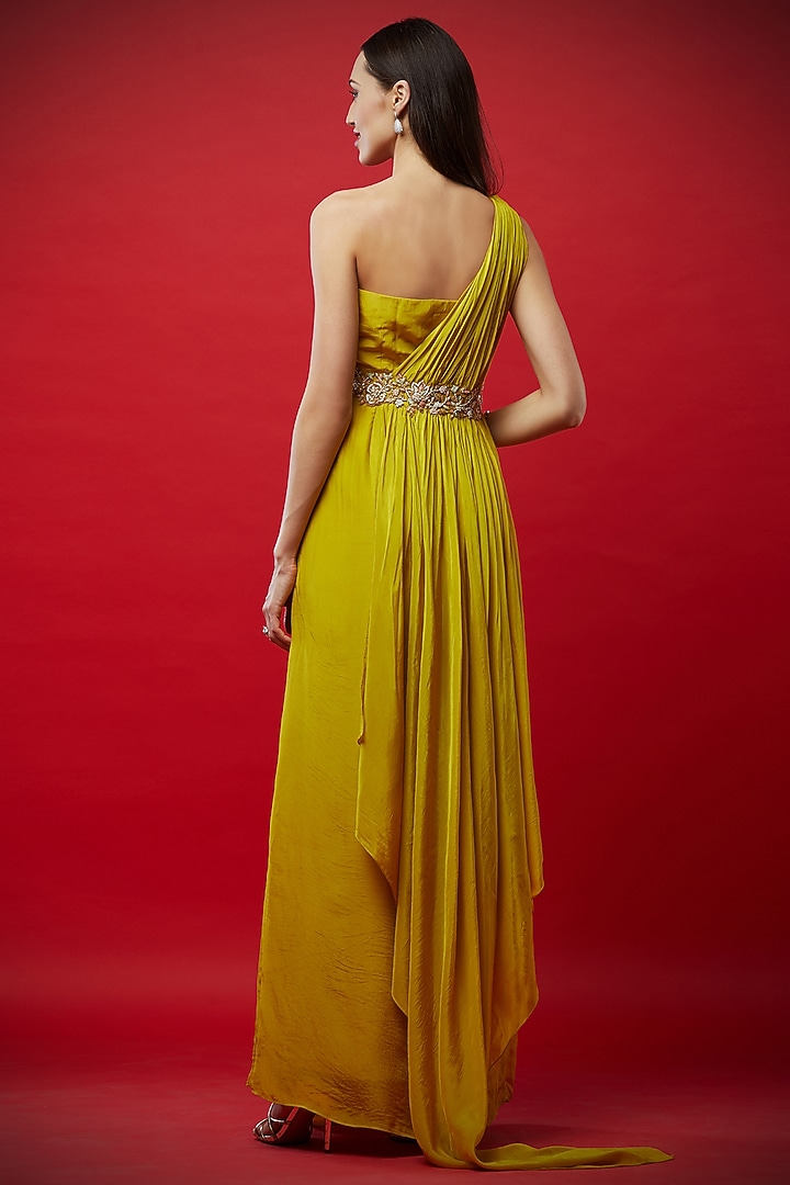 Lemon Yellow Gown With Embroidered Belt by Aayushi Maniar at Pernia's Pop Up Shop