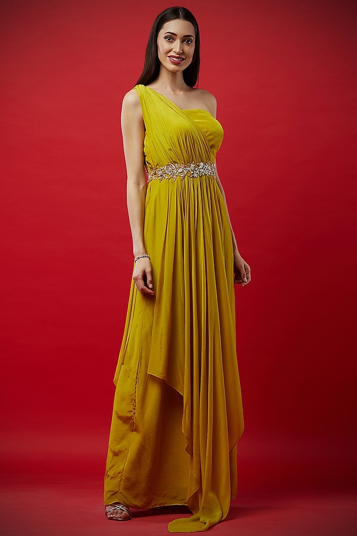 Lemon Yellow Gown With Embroidered Belt by Aayushi Maniar at Pernia's Pop Up Shop