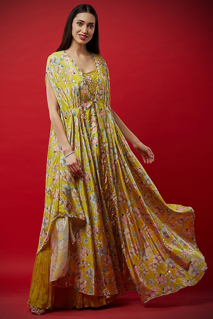 Lemon Yellow Embroidered Bustier With Pants & Printed Cape by Aayushi Maniar