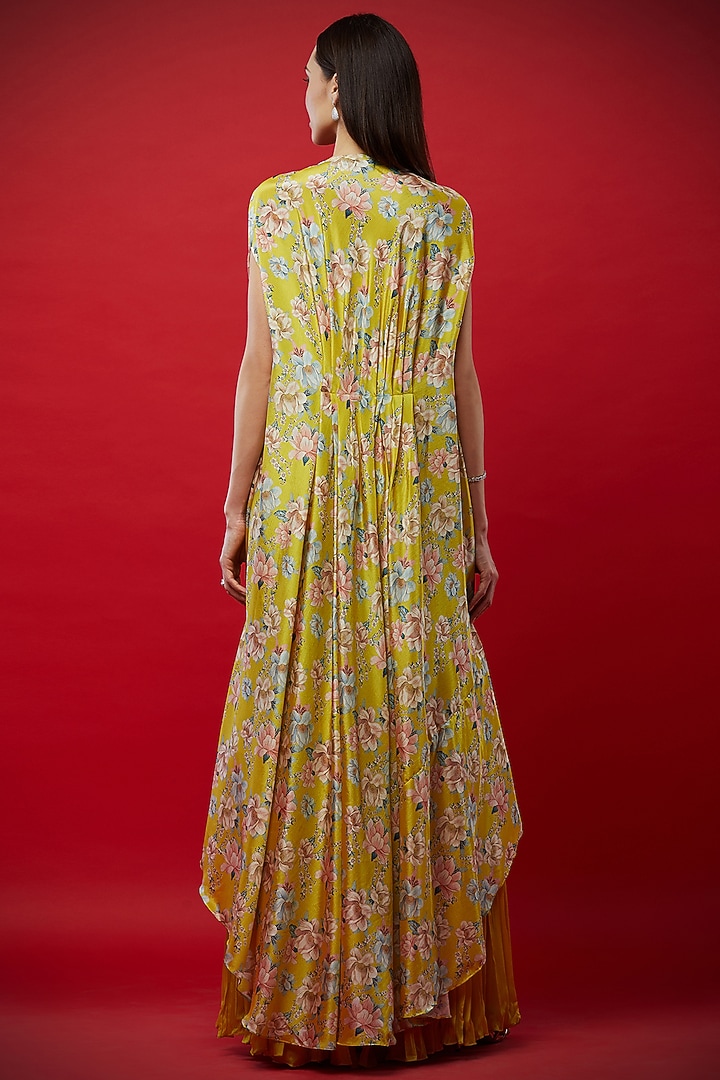 Lemon Yellow Embroidered Bustier With Pants & Printed Cape by Aayushi Maniar at Pernia's Pop Up Shop