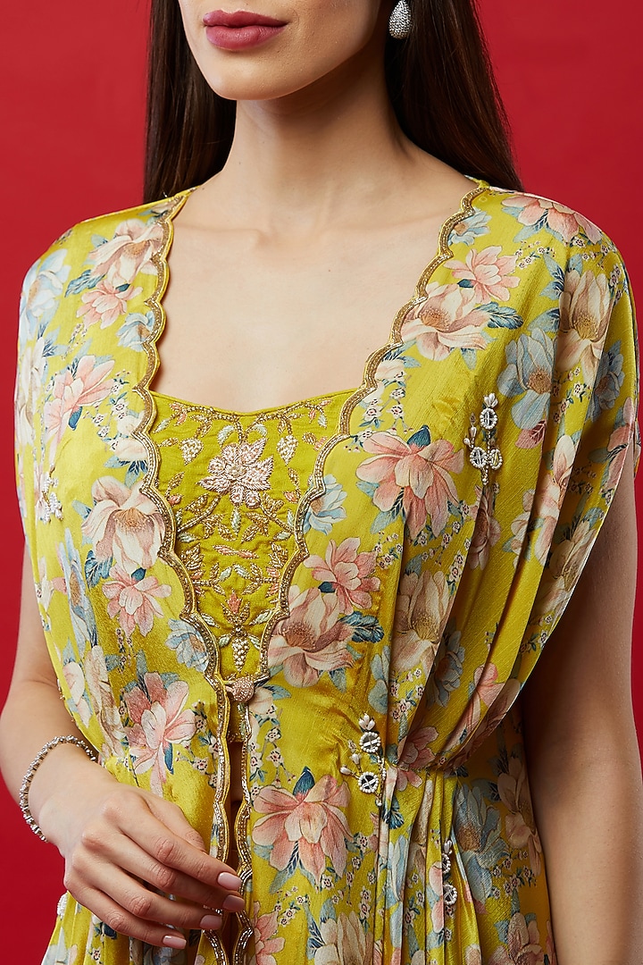 Lemon Yellow Embroidered Bustier With Pants & Printed Cape by Aayushi Maniar at Pernia's Pop Up Shop