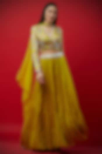 Lemon Yellow Floral Blouse & Wedding Lehenga Set by Aayushi Maniar at Pernia's Pop Up Shop