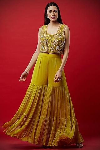 Lemon Yellow Embroidered Gharara Set by Aayushi Maniar