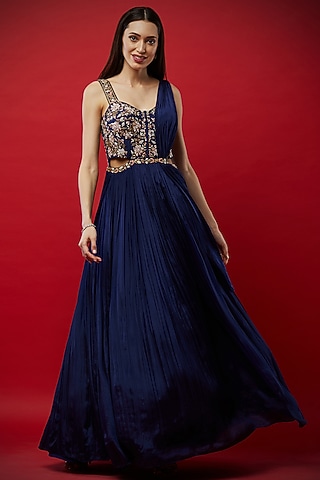 Purple Embroidered Anarkali Gown With Draped Dupatta by Aayushi Maniar