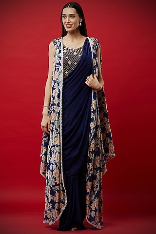 Purple Crepe Silk Pre-Draped Cape Saree Set by Aayushi Maniar