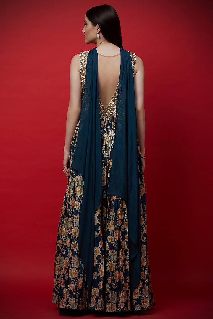 Navy Blue Embroidered & Printed Wedding Anarkali With Dupatta by Aayushi Maniar at Pernia's Pop Up Shop