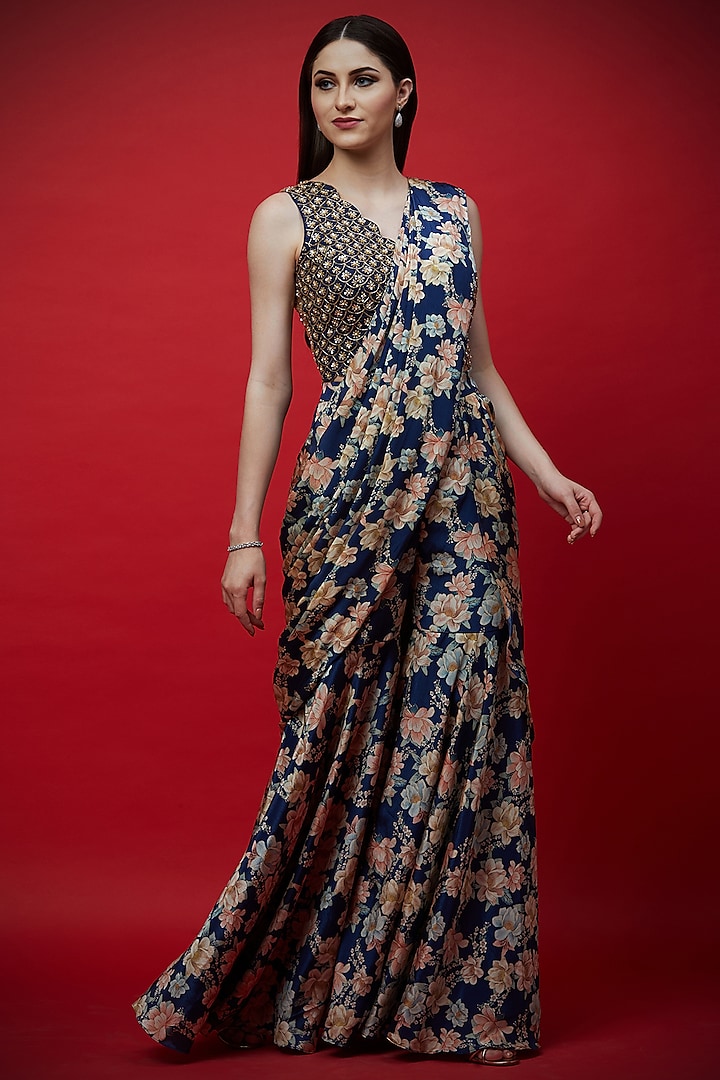 Indigo Blue Floral Printed Gharara Saree Set by Aayushi Maniar