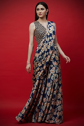 Indigo Blue Floral Printed Gharara Saree Set by Aayushi Maniar