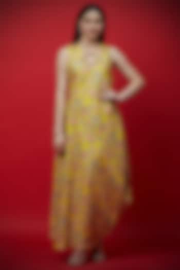 Yellow Printed & Embroidered Draped Tunic by Aayushi Maniar