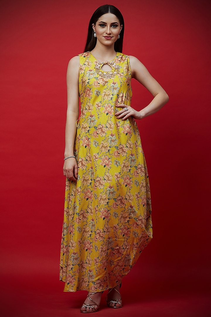 Yellow Printed & Embroidered Draped Tunic by Aayushi Maniar