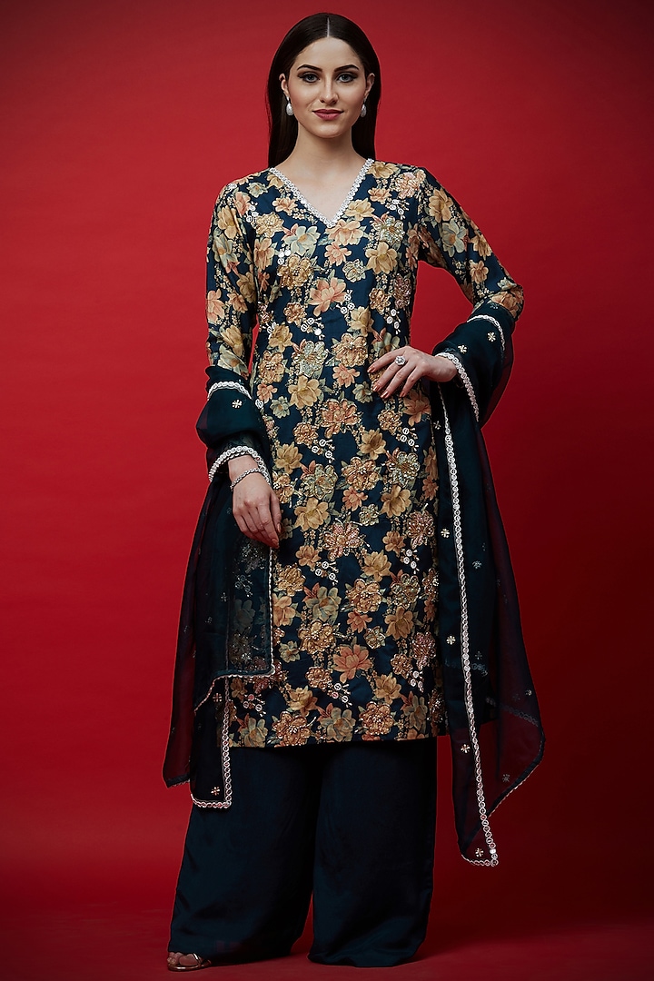 Navy Blue Embroidered & Printed Tunic Set by Aayushi Maniar