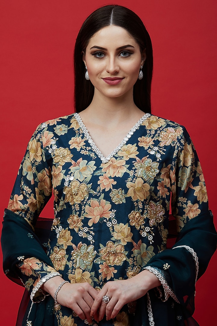 Navy Blue Embroidered & Printed Tunic Set by Aayushi Maniar at Pernia's Pop Up Shop