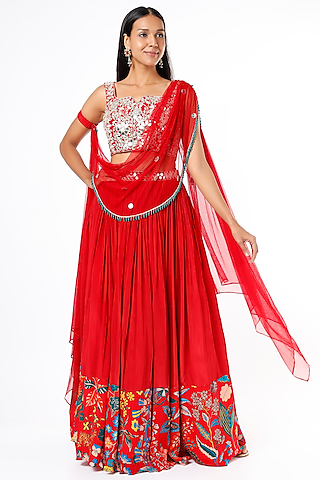 Red Crepe Silk Printed Lehenga Set by Aayushi Maniar