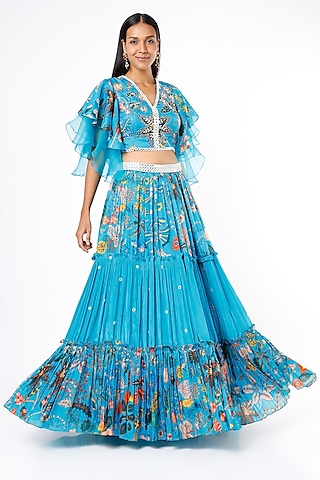 Blue Crepe Silk Printed Lehenga Set by Aayushi Maniar