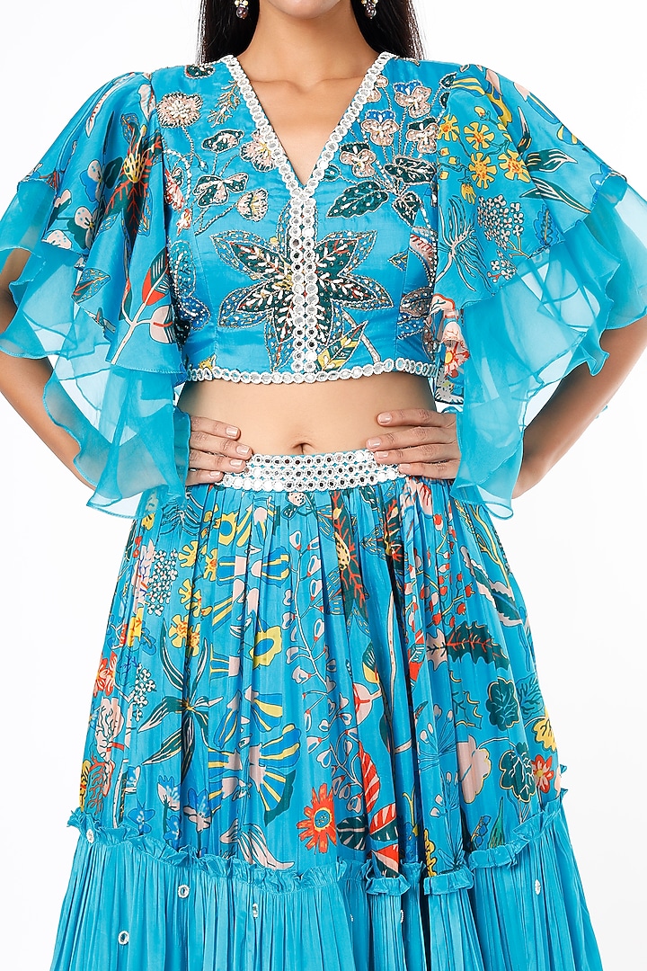 Blue Crepe Silk Printed Wedding Lehenga Set by Aayushi Maniar at Pernia's Pop Up Shop
