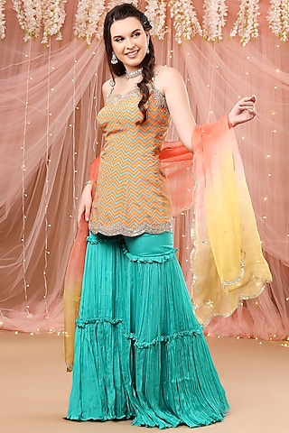 Turquoise Crepe Silk Gharara Set by Aayushi Maniar