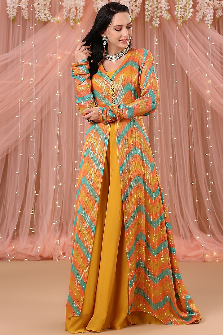 Multi-Colored Printed Jacket Wedding Anarkali Set by Aayushi Maniar at Pernia's Pop Up Shop