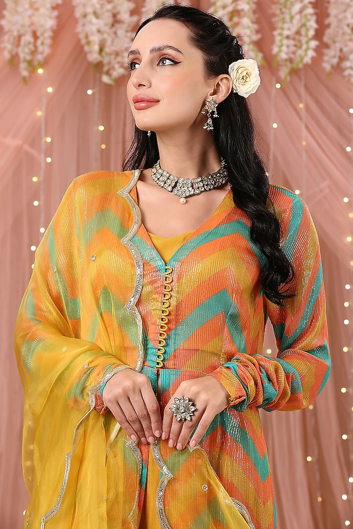 Multi-Colored Printed Jacket Wedding Anarkali Set by Aayushi Maniar at Pernia's Pop Up Shop