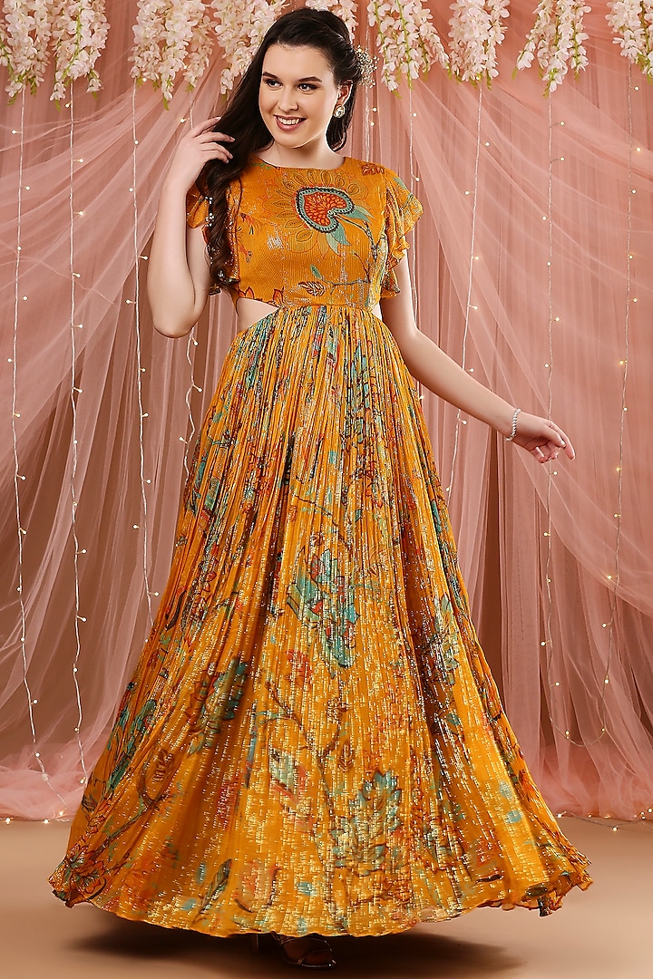 Mango Yellow Printed Gown by Aayushi Maniar