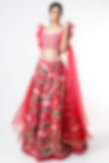 Fuchsia Floral Printed Frilled Wedding Lehenga Set by Aayushi Maniar at Pernia's Pop Up Shop