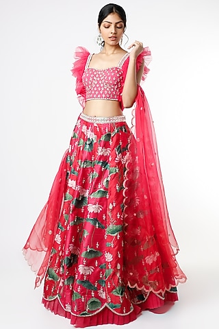 Fuchsia Floral Printed Frilled Lehenga Set by Aayushi Maniar