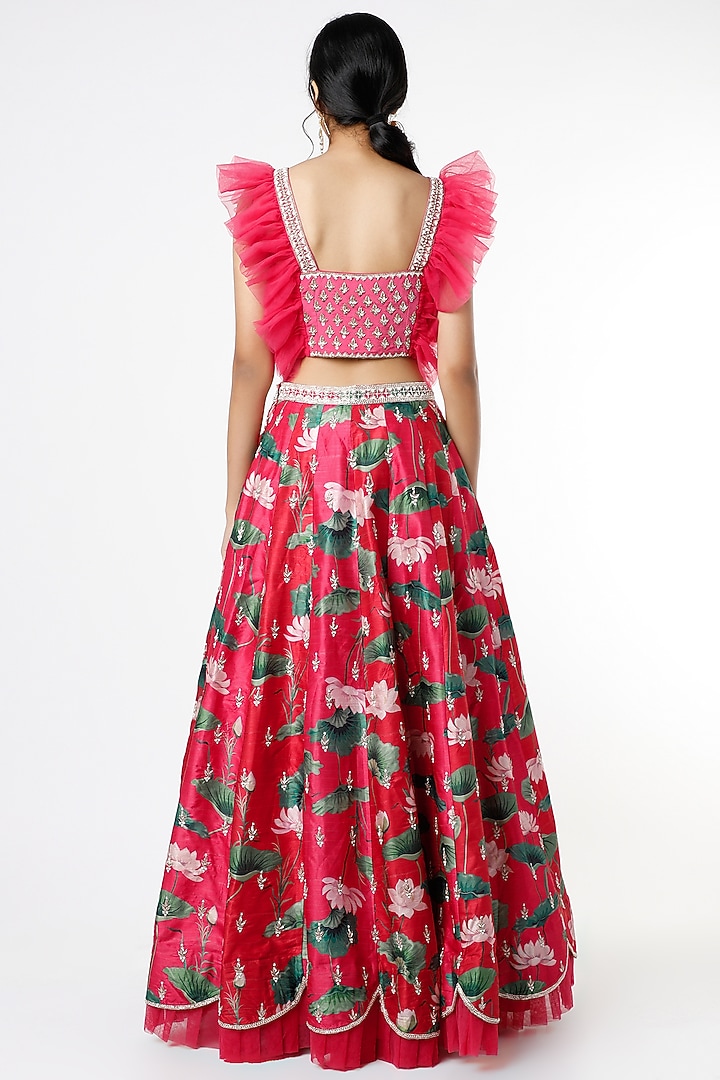 Fuchsia Floral Printed Frilled Wedding Lehenga Set by Aayushi Maniar at Pernia's Pop Up Shop
