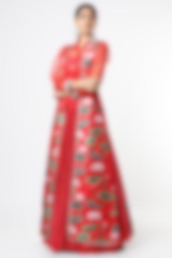 Red Crepe Silk Floral Printed Jacket Lehenga Set by Aayushi Maniar