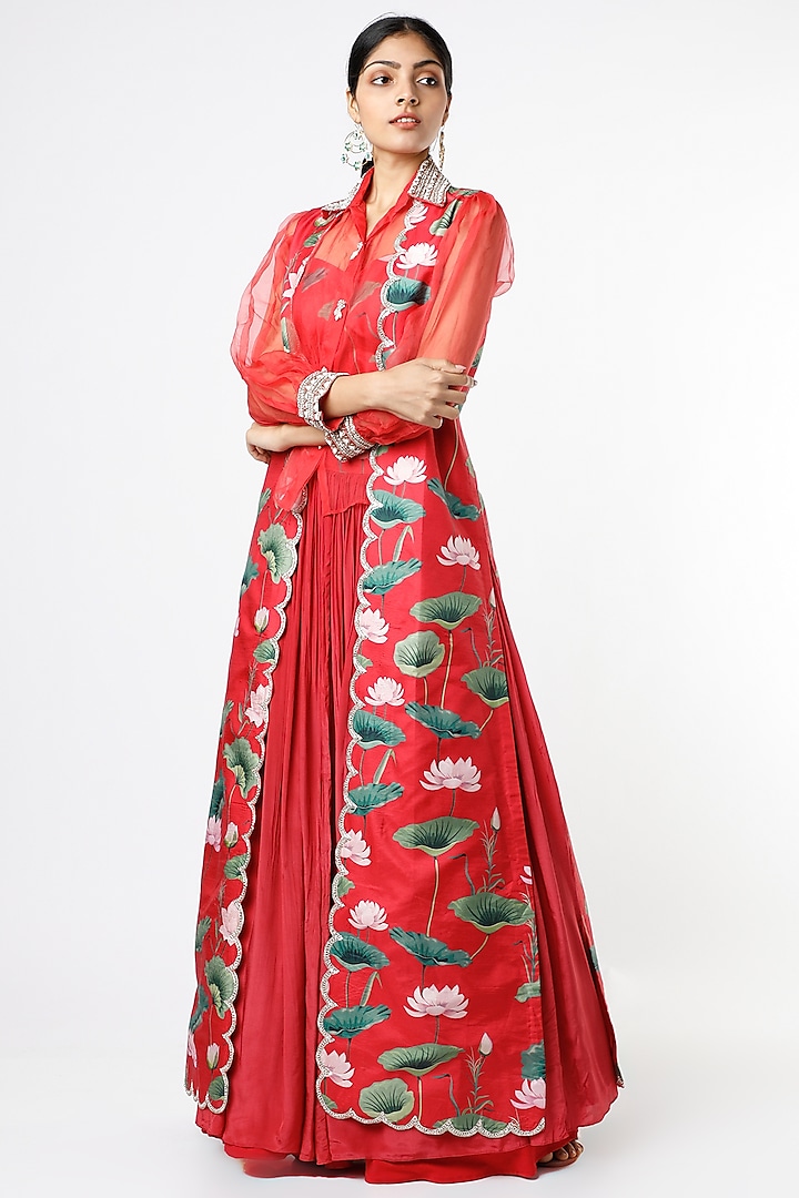 Red Crepe Silk Floral Printed Jacket Lehenga Set by Aayushi Maniar