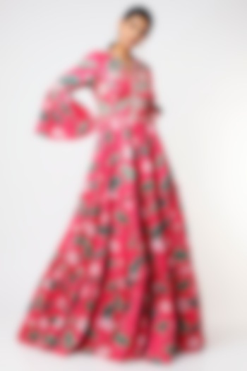 Pink Floral Printed Layered Wedding Anarkali by Aayushi Maniar at Pernia's Pop Up Shop