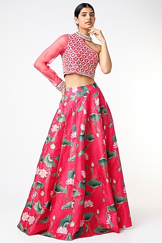 Fuchsia Floral Printed Lehenga Set by Aayushi Maniar
